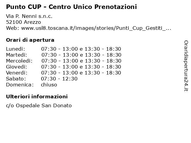 Orari di apertura Punto CUP Centro Unico Prenotazioni Via